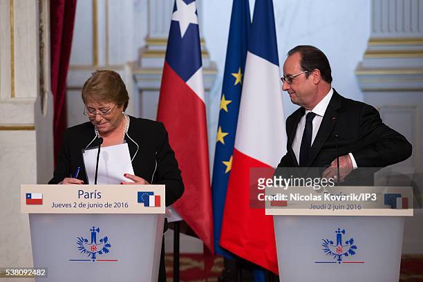French President Francois Hollande receives President of Chile Michelle Bachelet for a press conference, on the occasion of the week of Latin America...