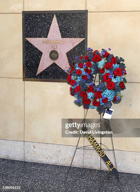 Flowers are placed at Muhammad Ali's Star on The Hollywood Walk of Fame on June 4, 2016 in Hollywood, United States. His is the only Walk of Fame...