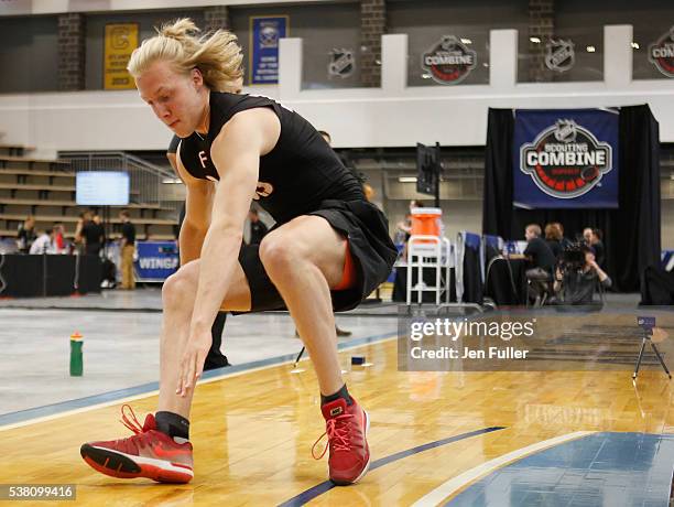 Alexander Nylander does the Pro Agility test during the NHL Combine at HarborCenter on June 4, 2016 in Buffalo, New York.