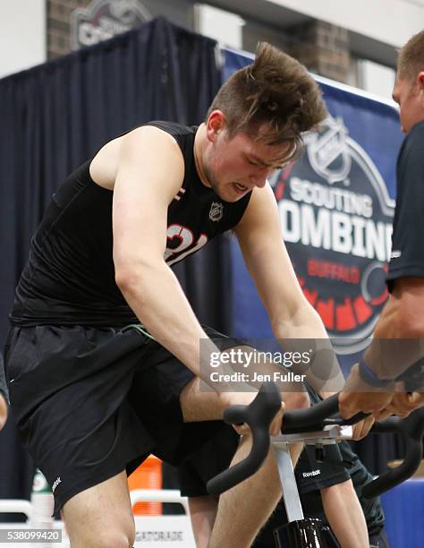 Logan Brown does the Wingate bike test during the NHL Combine at HarborCenter on June 4, 2016 in Buffalo, New York.