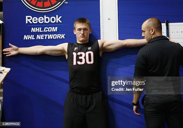 Joseph Anderson is measured in Height/Wingspan during the NHL Combine at HarborCenter on June 4, 2016 in Buffalo, New York.