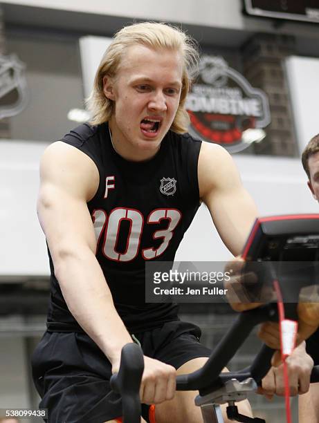 Alexander Nylander does the Wingate bike test during the NHL Combine at HarborCenter on June 4, 2016 in Buffalo, New York.