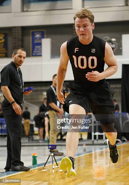 Kieffer Bellows does the Pro Agility test during the NHL Combine at HarborCenter on June 4, 2016 in Buffalo, New York.