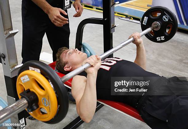 Kieffer Bellows does the Bench press during the NHL Combine at HarborCenter on June 4, 2016 in Buffalo, New York.