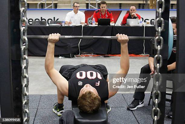 Kieffer Bellows does the Bench press during the NHL Combine at HarborCenter on June 4, 2016 in Buffalo, New York.