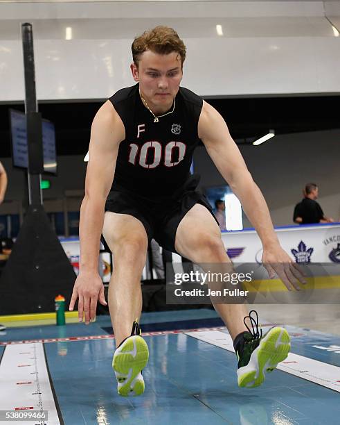 Kieffer Bellows does the Long jump during the NHL Combine at HarborCenter on June 4, 2016 in Buffalo, New York.