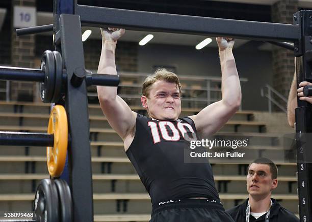 Kieffer Bellows does Pull-ups during the NHL Combine at HarborCenter on June 4, 2016 in Buffalo, New York.