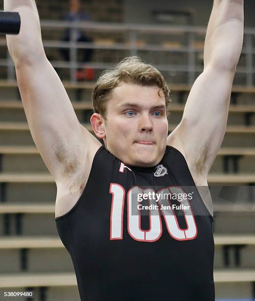 Kieffer Bellows does Pull-ups during the NHL Combine at HarborCenter on June 4, 2016 in Buffalo, New York.