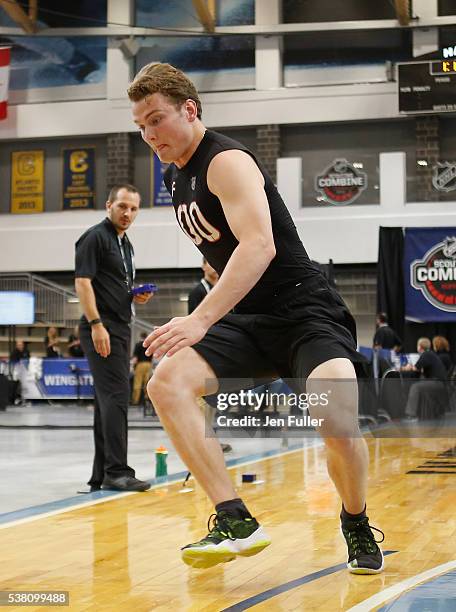 Kieffer Bellows does the Pro Agility test during the NHL Combine at HarborCenter on June 4, 2016 in Buffalo, New York.