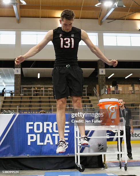 Logan Brown does the Force Plate test during the NHL Combine at HarborCenter on June 4, 2016 in Buffalo, New York.
