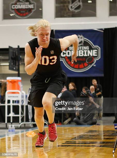 Alexander Nylander does the Pro Agility test during the NHL Combine at HarborCenter on June 4, 2016 in Buffalo, New York.