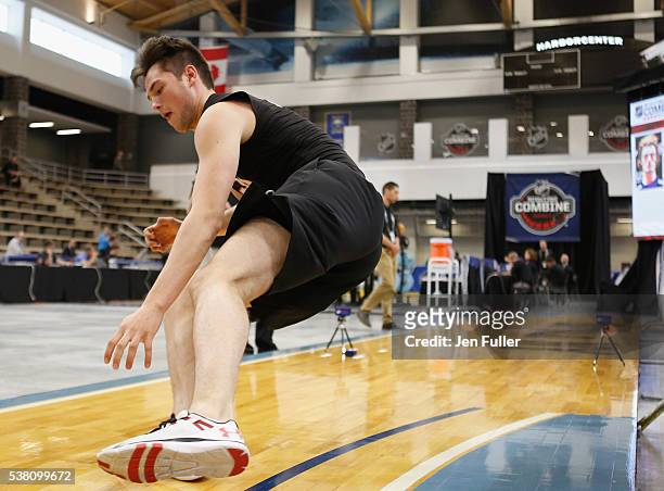 Logan Brown does the Pro Agility test during the NHL Combine at HarborCenter on June 4, 2016 in Buffalo, New York.