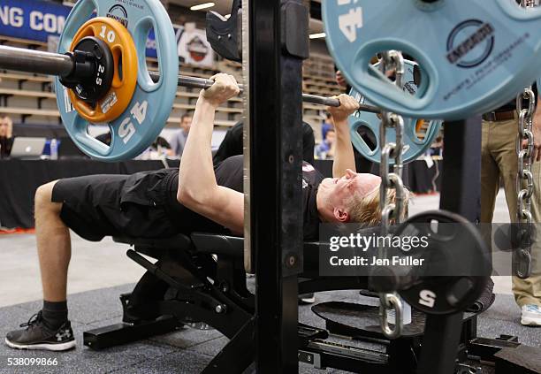 Patrik Laine does the Bench press during the NHL Combine at HarborCenter on June 4, 2016 in Buffalo, New York.