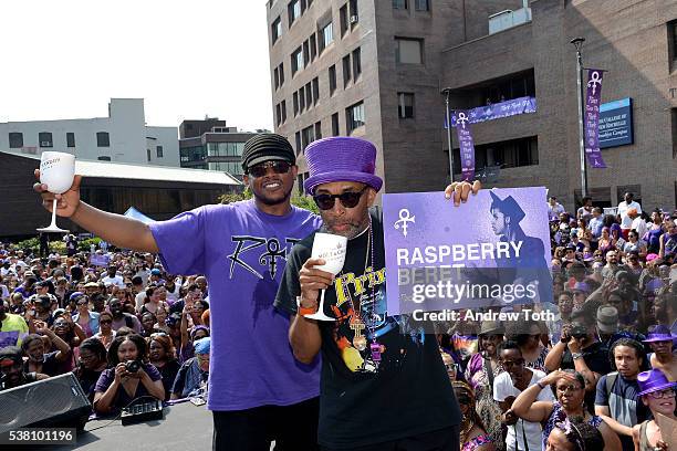 Sway Calloway and Director Spike Lee onstage during Spike Lee Throws Prince A Birthday Celebration With Moet & Chandon on June 4, 2016 in Brooklyn,...