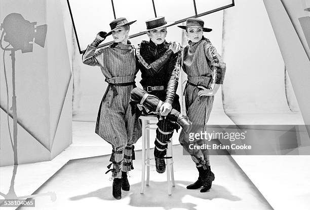 Welsh pop singer Steve Strange , of British new romantic group, Visage, with two models at a photo shoot in St John's Wood in North London, 8th July...