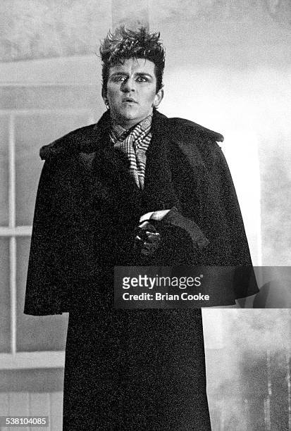 Welsh pop singer Steve Strange , of British new romantic group, Visage, during the filming of a video for the group's single, 'Night Train', at the...