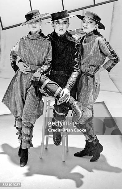 Welsh pop singer Steve Strange , of British new romantic group, Visage, with two models at a photo shoot in St John's Wood in North London, 8th July...