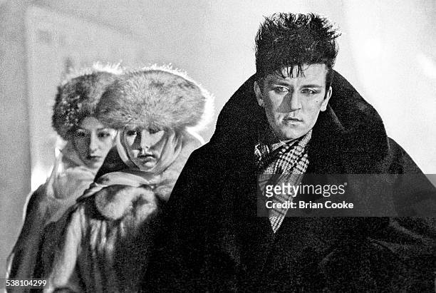 Welsh pop singer Steve Strange , of British new romantic group, Visage, during the filming of a video for the group's single, 'Night Train', at the...