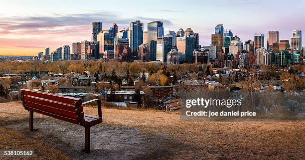 sunrise, skyline, bench, calgary, alberta, canada - カルガリー ストックフォトと画像