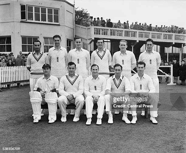The England cricket team at Trent Bridge, Nottingham, during the 1st Test against Australia, 11th- 16th June 1953. Back row, left to right: Don...