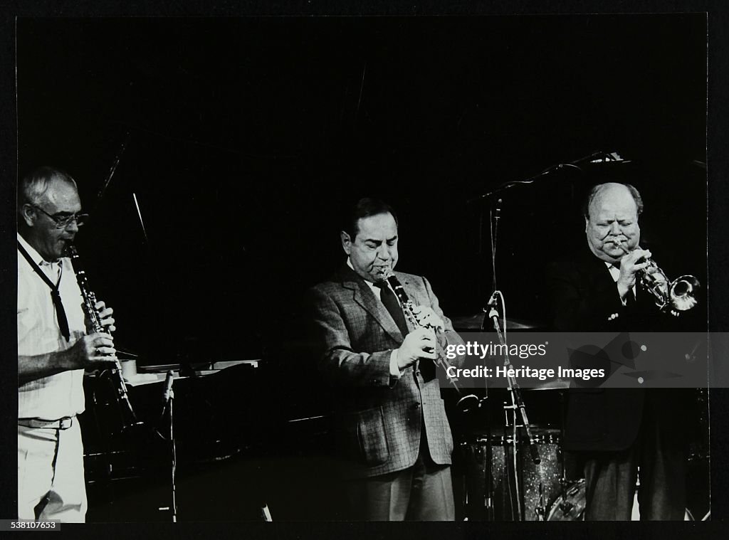 Terry Lightfoot, Peanuts Hucko and Billy Butterfield playing at Potters Bar, Hertfordshire, 1986. .