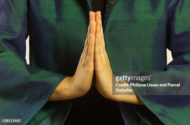 hands together in prayer or greeting - respect stock pictures, royalty-free photos & images