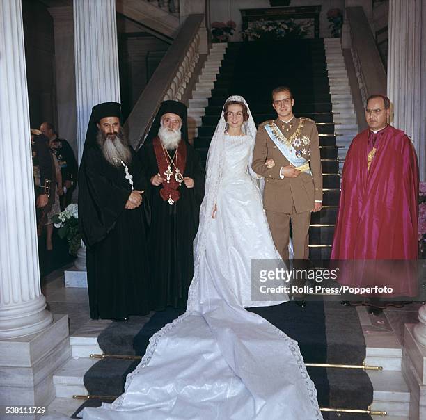 View of the wedding of Prince Juan Carlos , future King of Spain and Princess Sofia of Greece and Denmark on the staircase of the Royal Palace in...