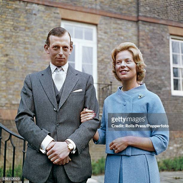 Prince Edward, Duke of Kent and his fiancee, Katharine Worsley pictured together in the gardens of Kensington Palace in London following the...