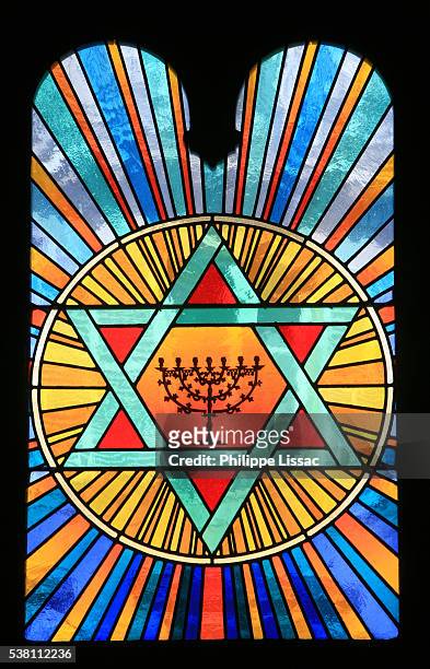stained glass window in the nazareth synagogue in paris - judaism stock pictures, royalty-free photos & images