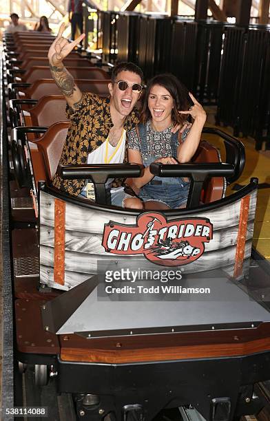 Josh Beech and Shenae Grimes-Beech ride a rollarcoaster at the GHOSTRIDER - Reopening! @ Knott's Berry Farm, Buena Park CA at Knott's Berry Farm on...