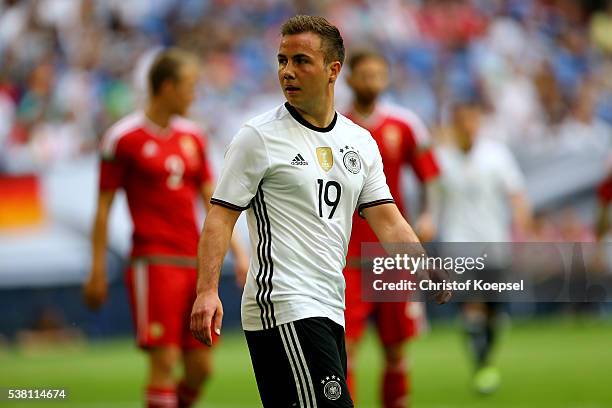 Mario Goetze of Germany looks on during the International Friendly match between Germany and Hungary at Veltins-Arena on June 4, 2016 in...