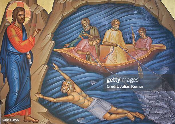 greek orthodox fresco depicting the miracle of the fish - miracle stock pictures, royalty-free photos & images