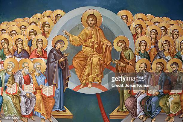christ in glory greek orthodox fresco - religious saint fotografías e imágenes de stock