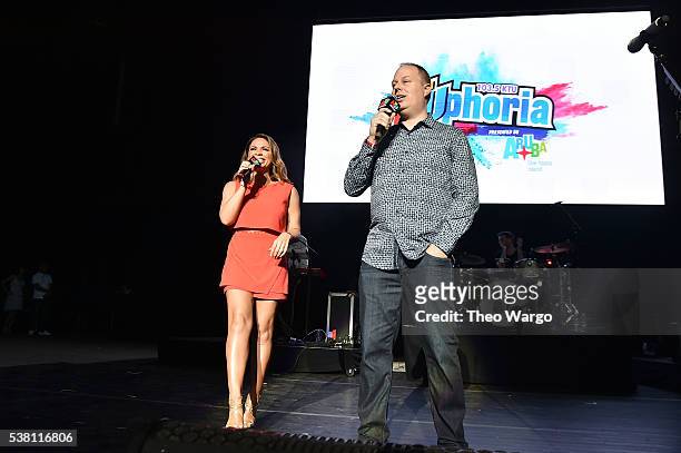 On-Air Personality Carolina Bermudez and music artist Mike Posner speak onstage during 103.5 KTU's KTUphoria 2016 presented by Aruba, at Nikon at...