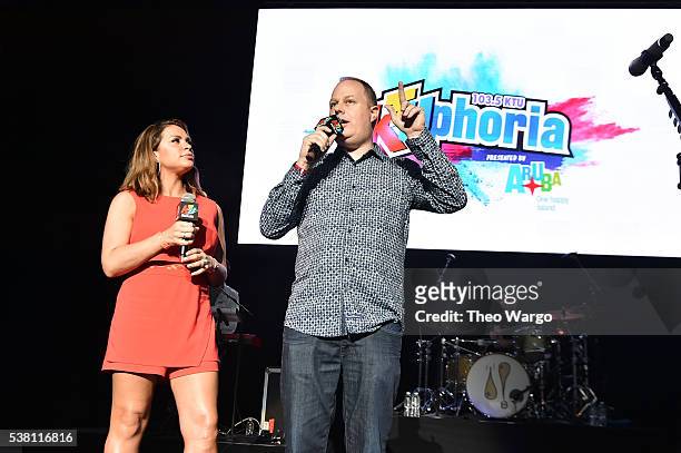On-Air Personality Carolina Bermudez and music artist Mike Posner speak onstage during 103.5 KTU's KTUphoria 2016 presented by Aruba, at Nikon at...