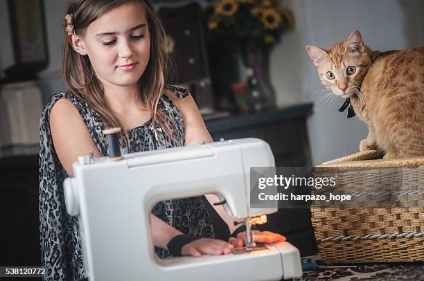 girl sewing with her cat. - naaimand stockfoto's en -beelden