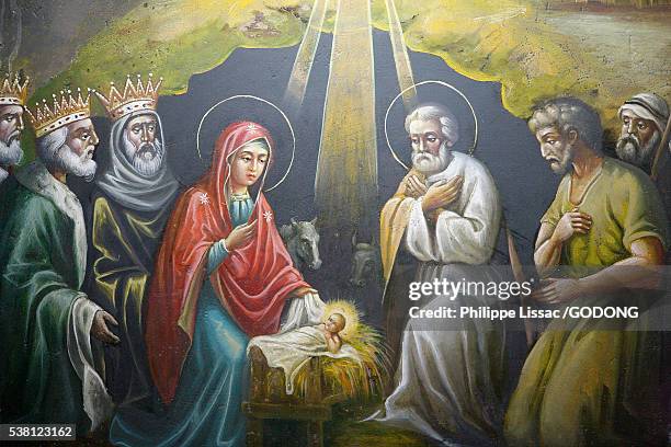 detail of nativity painting at mary's tomb - 3 wise men stock pictures, royalty-free photos & images