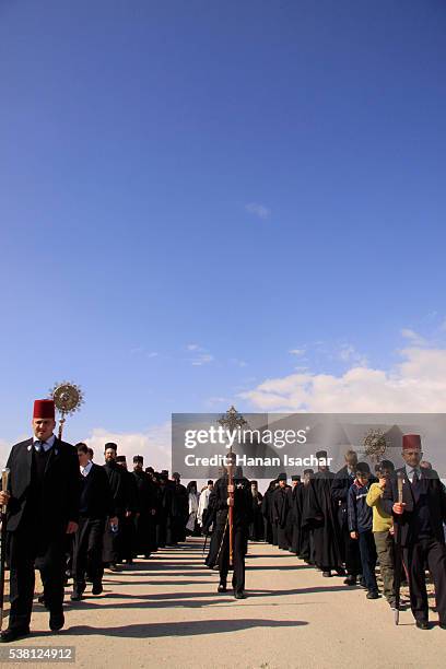 jordan valley, greek orthodox theophany procession at qasr al yahud by the jordan river - qasr al yahud stock pictures, royalty-free photos & images