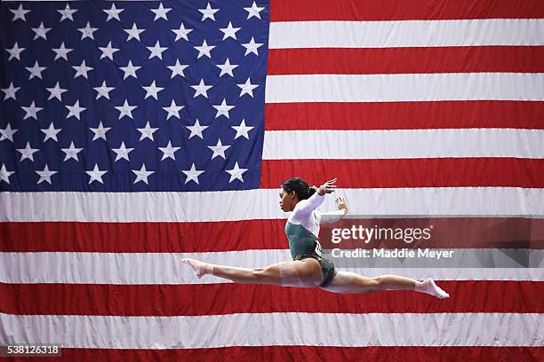 Gabrielle Douglas competes on the balance beam during the Sr. Women's 2016 Secret U.S. Classic at the XL Center on June 4, 2016 in Hartford,...