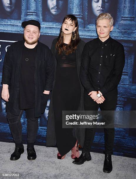 Musicians Ragnar Porhallsson, Nanna Bryndis Hilmarsdottir and Brynjar Leifsson of Of Monsters and Men arrive at the premiere of HBO's 'Game of...
