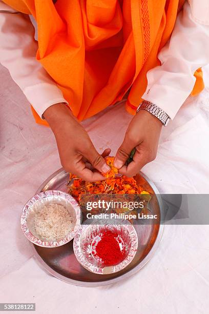 brahmacharia (hindu temple student) preparing offerings for a puja (celebration) - hinduism fotografías e imágenes de stock