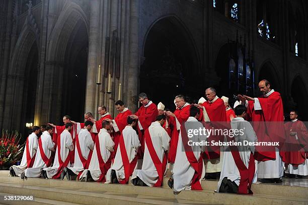 priest ordinations in notre-dame de paris cathedral - ordination stock pictures, royalty-free photos & images