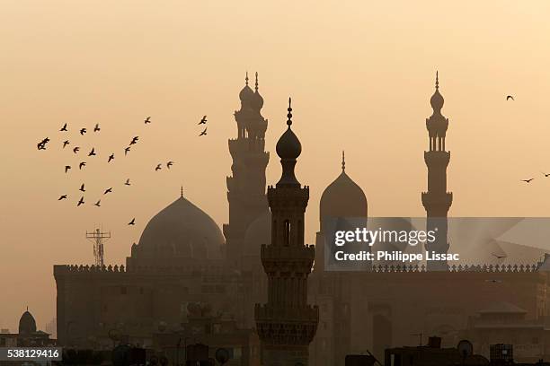 al rifai and sultan hassan mosques at dusk - minaret fotografías e imágenes de stock