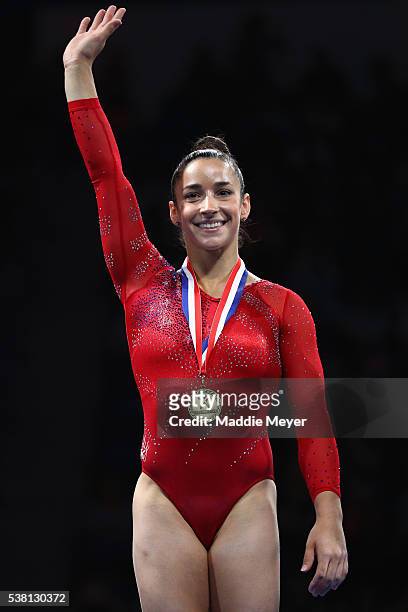 Alexandra Raisman acknowledges the crowd after winning first place in the vault compeition during the Sr. Women's 2016 Secret U.S. Classic at the XL...