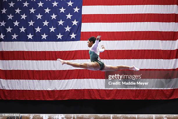 Gabrielle Douglas competes on the balance beam during the Sr. Women's 2016 Secret U.S. Classic at the XL Center on June 4, 2016 in Hartford,...