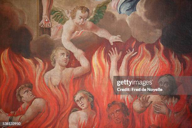 st nicolas de veroce church. painting depicting hell. - inferno foto e immagini stock