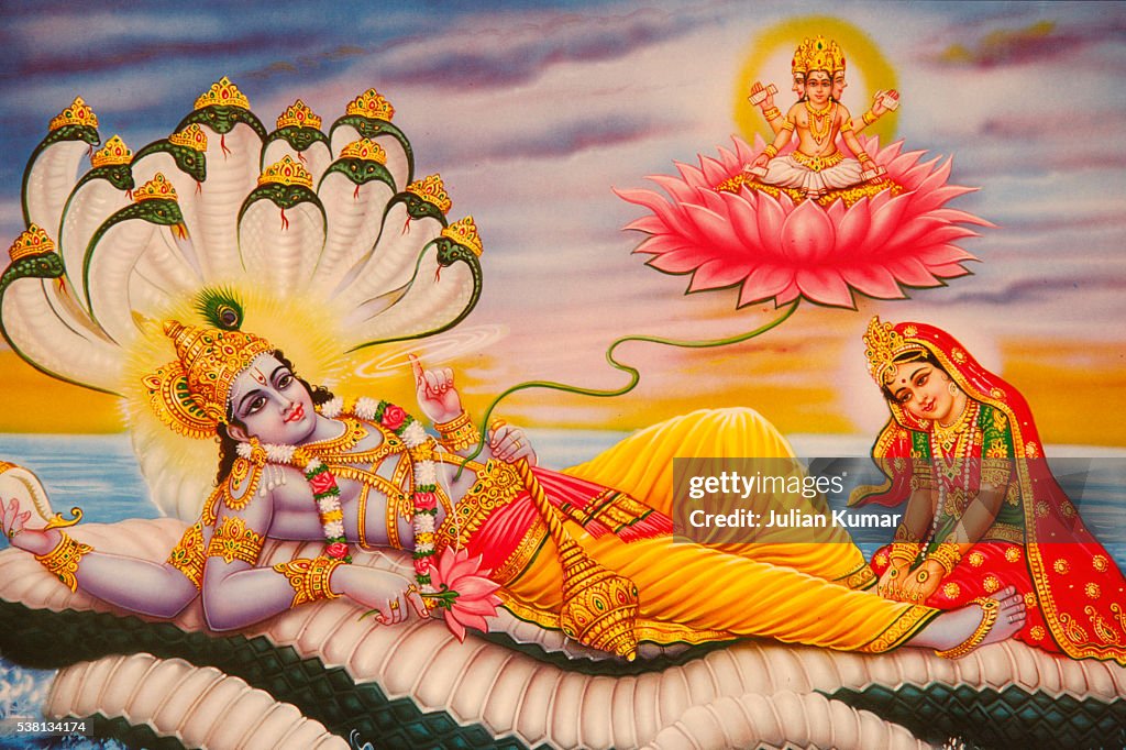Hindu picture depicting the Anantashayan or Vishnu's cosmic sleep with Lakshmi at his feet and Brahma coming out from Vishnu's navel on a lotus