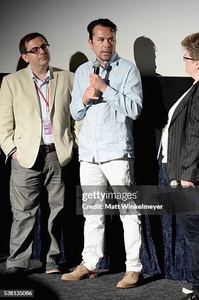 Film Editor Gustavo Bernal, director Lalo Molina and LAFF programmer Jenn Wilson speak onstage at the premiere of "Actors of Sound" during the 2016...