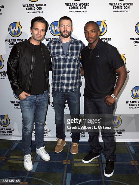 Actors Sebastian Stan, Chris Evans and Anthony Mackie of "Captain America: Civil War" on day 3 of Wizard World Comic Con Philadelphia 2016 held at...