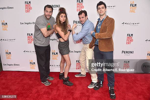 Actor Andy Buckley, co-director Alexi Pappas, producer Chris Bender and co-director Jeremy Teicher attend the premiere of "Tracktown" during the 2016...